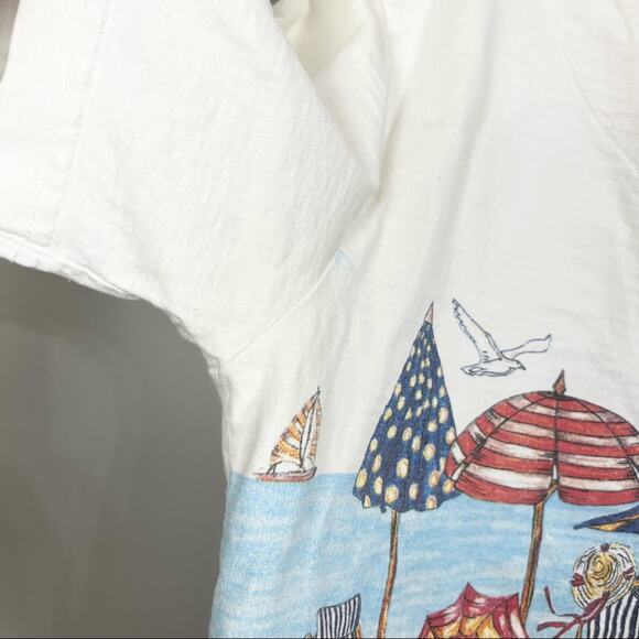 VINTAGE Y2K Go Nutz Beach Print Cotton Button Up T-Shirt Sz XL Coastal Grandma - Picture 6 of 8